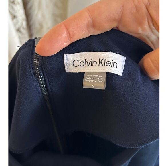 Calvin Klein Women's Sz 6 Navy Scuba Crepe 3/4 Sleeve Flounce Skirt Dress #0548 - Picture 6 of 11